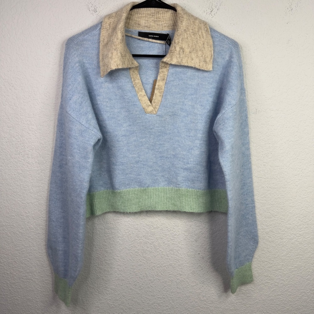 Vero Moda Cropped‎ Polo Sweater Womens M Blue Colorblock Pastel Preppy Academic